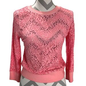 We‎ The Free People Coral Pink Crochet Lace Knit Top Layering Sweatshirt Small